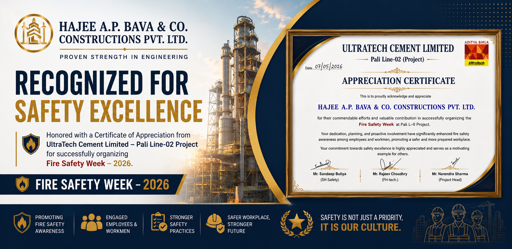 Certificate of Appreciation from UltraTech Cement Limited – Pali Line-02 Project